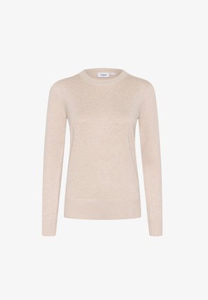 Svetlo béžový sveter s okrúhlym výstrihom a dlhými rukávmi, ktorý má malé, rovnomerne rozmiestnené ozdoby na vrchnej časti predného dielu. Hladká textúra, rebrované manžety.