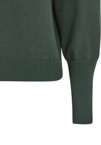 Grüner Strickpullover mit geripptem Saum und Bündchen, glatter Textur und leicht puffigen Ärmeln. Das Material hat ein weiches, einheitliches Erscheinungsbild.