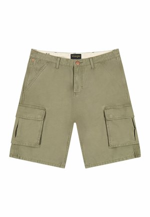 Krótkie spodenki bojówki w kolorze khaki z szlufkami na pasek, guzikiem i zamkiem z przodu, dwoma przednimi kieszeniami oraz dużymi kieszeniami z klapą na obu udach.