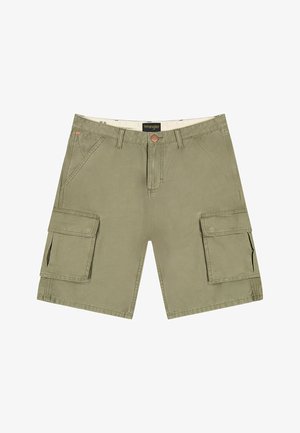 Krótkie spodenki bojówki w kolorze khaki z szlufkami na pasek, guzikiem i zamkiem z przodu, dwoma przednimi kieszeniami oraz dużymi kieszeniami z klapą na obu udach.