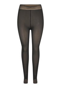 Leggings pretos, semi-opacos, com uma cintura larga e suave e detalhe de reforço nos dedos dos pés. O tecido tem uma textura suave e ligeiramente brilhante.