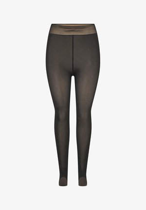 Leggings noirs semi-opaques avec une large ceinture lisse et des détails de renforcement au niveau des orteils. Le tissu a une texture douce et légèrement brillante.