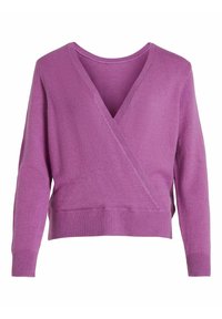 Fialový svetr s výstřihem do V a zavinovacím designem, dlouhými rukávy, žebrovanými manžetami a lemem. Vyrobený z měkkého materiálu s hladkou texturou.