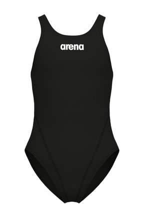 Bañador negro de una pieza con tirantes anchos y logo blanco de "arena" centrado en el pecho.