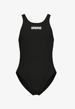 Bañador negro de una pieza con tirantes anchos y logo blanco de "arena" centrado en el pecho.