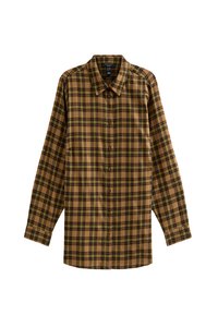 Camisa de manga larga a cuadros marrón y negro con cuello, cierre de botones en la parte delantera y un bolsillo único. Tejido suave con un corte relajado.