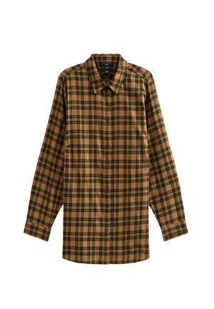 Camisa de manga larga a cuadros marrón y negro con cuello, cierre de botones en la parte delantera y un bolsillo único. Tejido suave con un corte relajado.