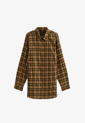 Camisa de manga larga a cuadros marrón y negro con cuello, cierre de botones en la parte delantera y un bolsillo único. Tejido suave con un corte relajado.
