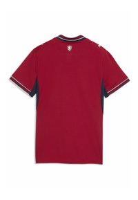 Maillot de sport rouge à manches courtes avec panneaux latéraux bleu marine, bordure à motif sur les manches et le col, et un petit emblème de lion blanc sous le col au dos.