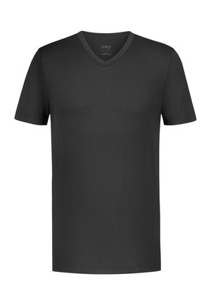 Effen zwarte korte mouw V-hals T-shirt gemaakt van gladde stof, getoond op een witte achtergrond.