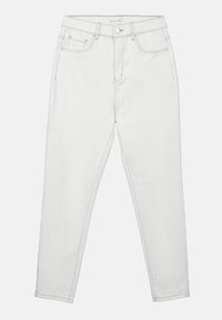 Jeans in denim bianco con vita alta, cinque tasche e vestibilità slim. Presentano cuciture visibili e una texture liscia.