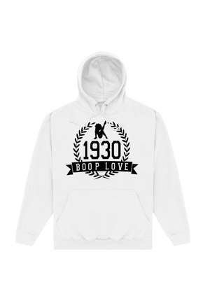 Weißer Kapuzenpullover mit Kängurutasche, versehen mit einem schwarzen Grafikdesign, das "1930" und "BOOP LOVE" umgeben von einem Lorbeerkranz zeigt.