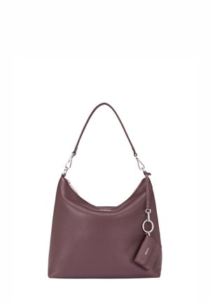 Dark purple leather hobo bag with a slouchy design, silver hardware, and a detachable small pouch attached by a keyring.