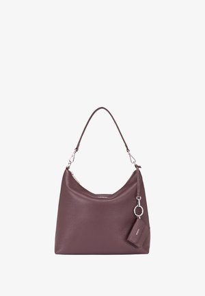 Dark purple leather hobo bag with a slouchy design, silver hardware, and a detachable small pouch attached by a keyring.