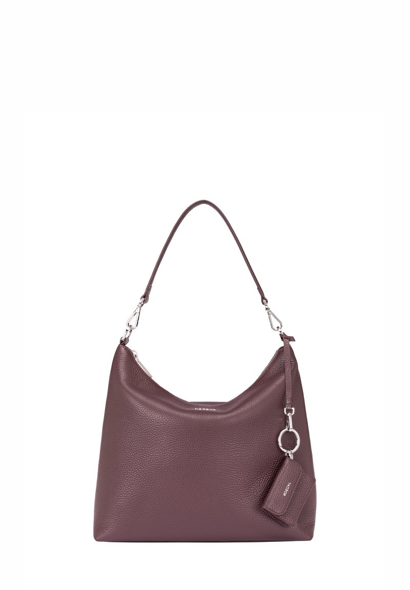Dark purple leather hobo bag with a slouchy design, silver hardware, and a detachable small pouch attached by a keyring.