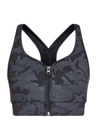 schwarzer Camouflage-Sport-BH mit einem Reißverschluss vorne, ausgestattet mit einem strukturierten Stoff und breiten Racerback-Trägern für Unterstützung und Komfort.