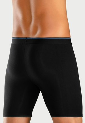 Schwarze Baumwoll-Boxershorts mit glatter Textur, ausgestattet mit einem kontrastierenden blauen Streifen am Bund, entworfen für einen engen Sitz.
