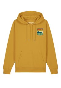 Gele capuchontrui met een voorkant kangaroezak. Beschikt over een grafische patch met bergen, zon en de tekst "GOOD VIBE." Katoenmengsel materiaal.