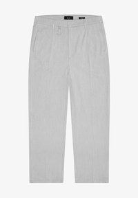 Pantalon gris clair à finition texturée, avec une ceinture munie de passants pour ceinture, des poches avant et une coupe droite.