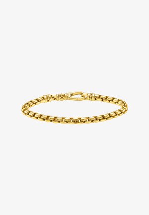 Goldenes Kettenarmband mit rechteckigen Gliedern und sicherem Verschluss auf weißem Hintergrund.