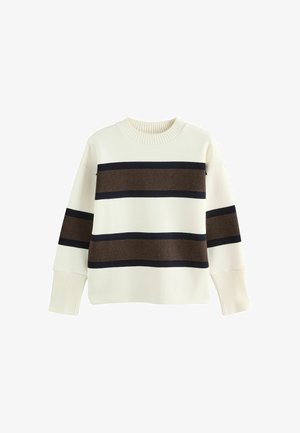 Krémový svetr s širokými tmavohnědými a tenkými černými horizontálními pruhy přes hrudník a rukávy, žebrovaným kulatým výstřihem a manžetami.