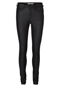 Black skinny jeans made of stretchy denim. Features a high waistband, front pockets, and a smooth, glossy texture. Tight fit throughout.