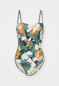 Eén stuk badpak met een groene basis en een bloemenpatroon featuring witte, oranje en donkerpaarse bloemen, verstelbare bandjes en een V-hals.