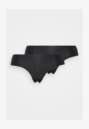 Sorte sømløse truser laget av glatt stoff, med lav midje-design og elastisk midjebånd. To par vist uten synlige logoer.