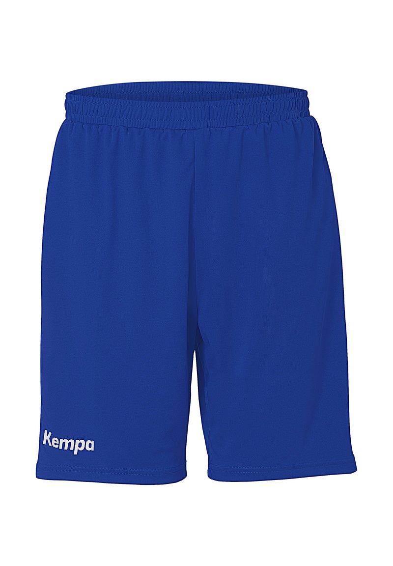 Blauwe sportshorts van lichtgewicht stof, met een elastische tailleband en een wit "Kempa" logo aan de linkeronderkant.