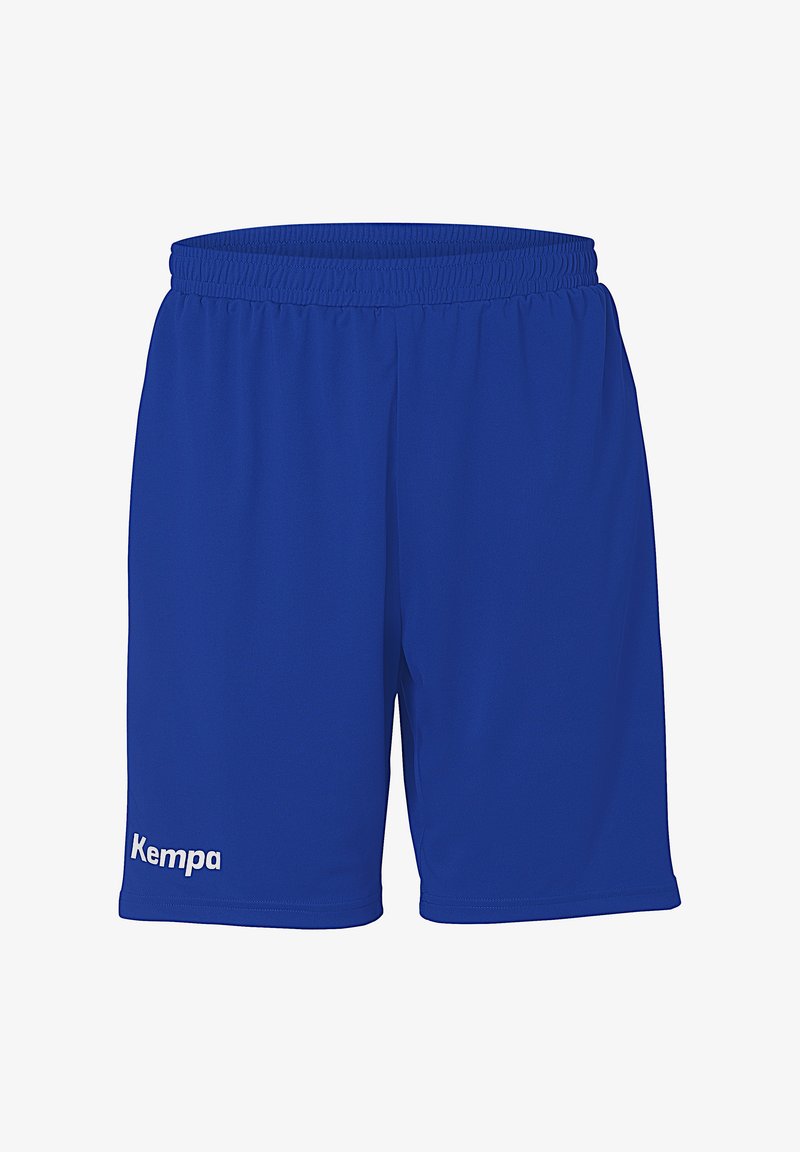 Blauwe sportshorts van lichtgewicht stof, met een elastische tailleband en een wit "Kempa" logo aan de linkeronderkant.