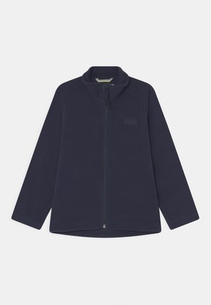 Marineblaue Fleecejacke mit durchgehendem Reißverschluss, langen Ärmeln und Stehkragen, mit dezentem Logo auf der linken Brust.