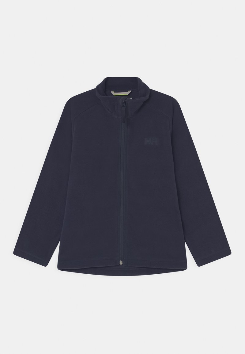 Chaqueta de forro polar azul marino con cremallera completa, manga larga y cuello alto, con un logo sutil en el pecho izquierdo.