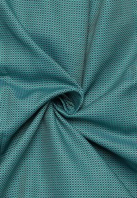 Teal en marineblauw textiel met een geometrisch patroon van kleine vierkanten. Het materiaal is lichtgewicht met een soepele afwerking.