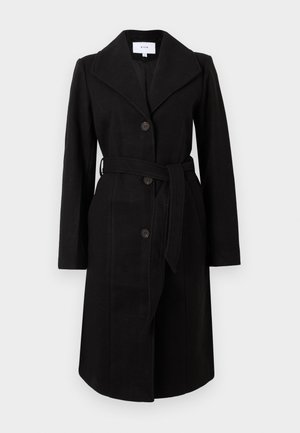 Black wool blend trench coat with a notched collar, long sleeves, front buttons, and a matching belt at the waist. Smooth texture throughout.