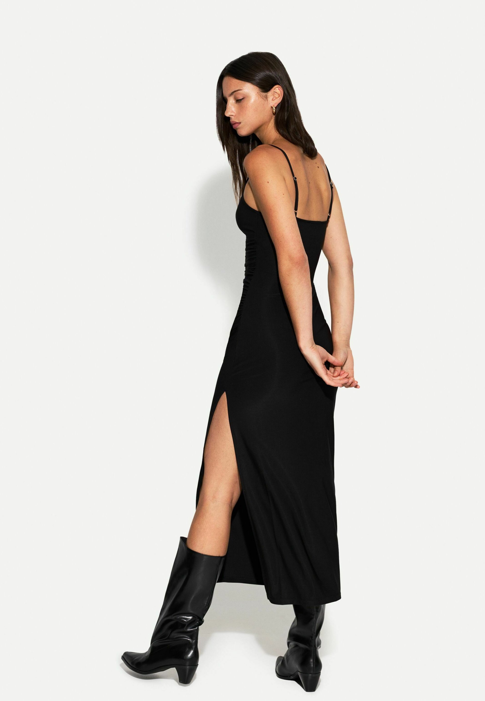 bershka black dress Bershka zebra print mesh detail maxi dress in black