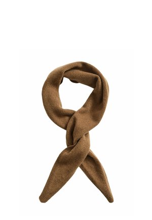 Brown knitted wool scarf twisted with looped design on white background.
