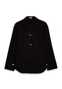 Must mustaga nööpide ja laia kraega must särk, pika varrukaga ja sileda tekstuuriga. Esiosas on viis nööpi ja ümmargused mansetid.