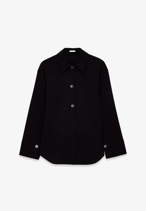 Black button-up shirt with a wide collar, long sleeves, and a smooth texture. Features five buttons down the front and rounded cuffs.