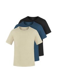 Drei T-Shirts: Creme, Marineblau und Schwarz, aus Baumwolle. Jedes hat einen Rundhalsausschnitt und kurze Ärmel mit einem dezenten Logo auf dem Cremeshirt.
