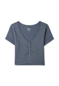 Szary prążkowany crop top z głębokim dekoltem w kształcie V, krótkimi rękawami, marszczeniem z przodu i dopasowanym krojem.