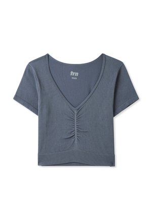 Top corto grigio a coste con scollatura a V profonda, maniche corte, dettaglio arricciato davanti e silhouette aderente.