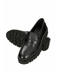 Černé kožené polobotky s hladkým svrškem, texturovanými detaily a silnou gumovou podrážkou pro zvýšenou přilnavost a odolnost.