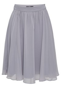 Jupe fluide en chiffon gris clair, longueur genou, avec taille haute et plis froncés pour du volume.
