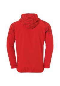 Roten Kapuzenjacke aus glattem Stoff mit einem gemusterten Struktur auf den Schultern. Lange Ärmel mit elastischen Bündchen.