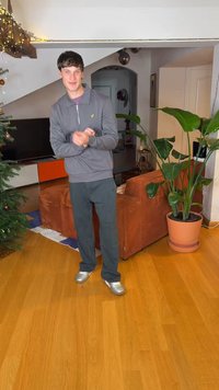 Grau melierter Sweatshirt mit Reißverschluss und Kragen, schwarze Hose und metallisch silberne Schuhe. Innenraum mit einer Topfpflanze und gestreiftem Teppich.