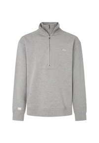 Felpa grigia con zip realizzata in tessuto morbido, caratterizzata da un collo alto, maniche lunghe e un piccolo logo bianco sul petto.