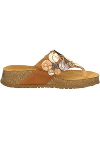 Brown thong sandal featuring a textured cork sole, adorned with metallic circular accents in shades of gold and silver on the upper.