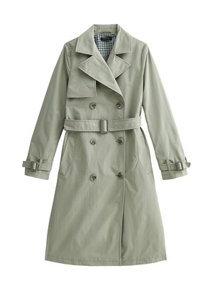 Jasnoszary trencz dwurzędowy z paskiem, mankietami na guziki, kołnierzem z wycięciem oraz podszewką w kratkę, rozłożony na płasko na białym tle.