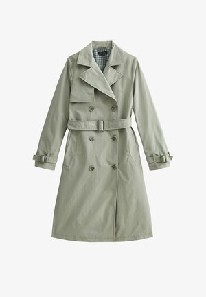 Jasnoszary trencz dwurzędowy z paskiem, mankietami na guziki, kołnierzem z wycięciem oraz podszewką w kratkę, rozłożony na płasko na białym tle.