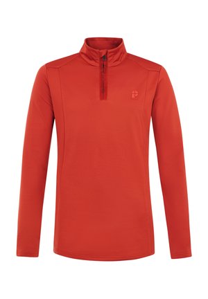 Pomarańczowa koszula z długim rękawem, z wysokim kołnierzem, półzamkiem z przodu i małym logo na piersi. Wykonana z gładkiego, elastycznego materiału.